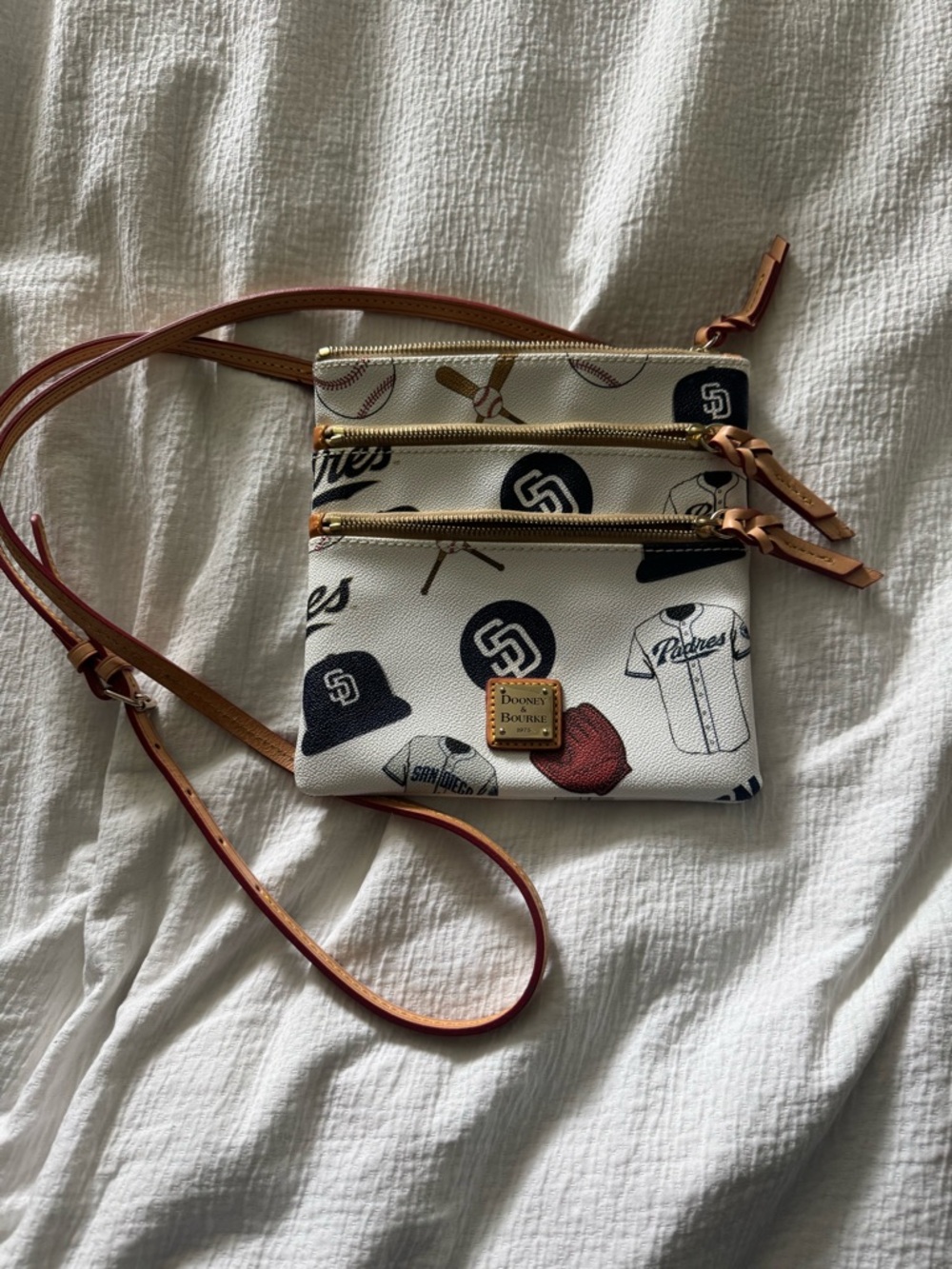 Dooney & Bourke White Baseball Print Triple Zip Crossbody with Tan Strap
